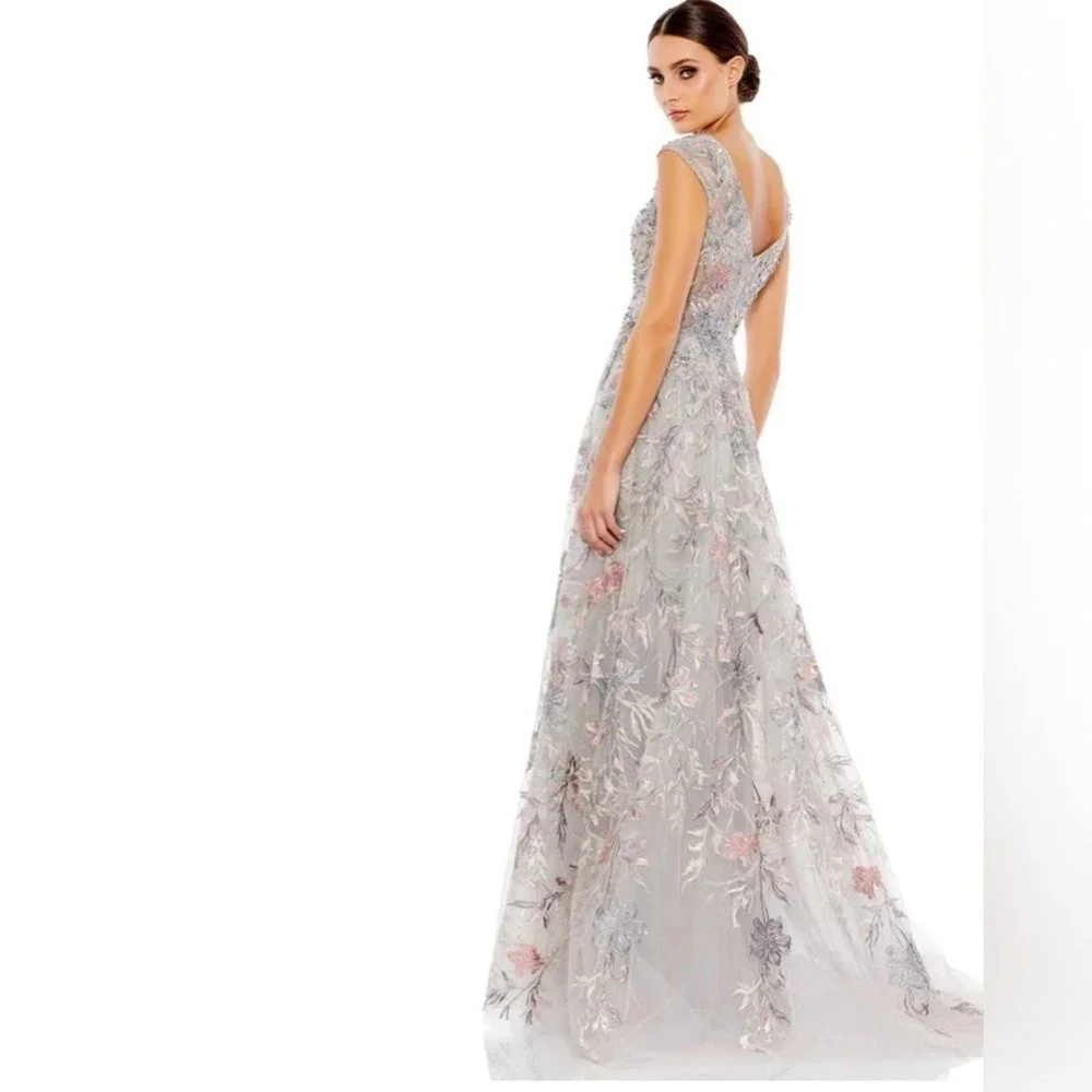 NWT MAC DUGGAL EMBROIDERED ILLUSION CAP SLEEVE A LINE GOWN SILVER 20263 - Picture 2 of 8